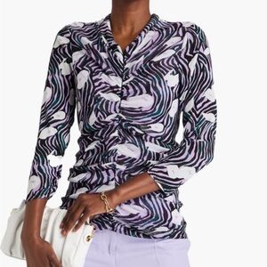 DIANE VON FURSTENBERG Julie Ruched Printed Stretch-mesh Top In Lilac Size M